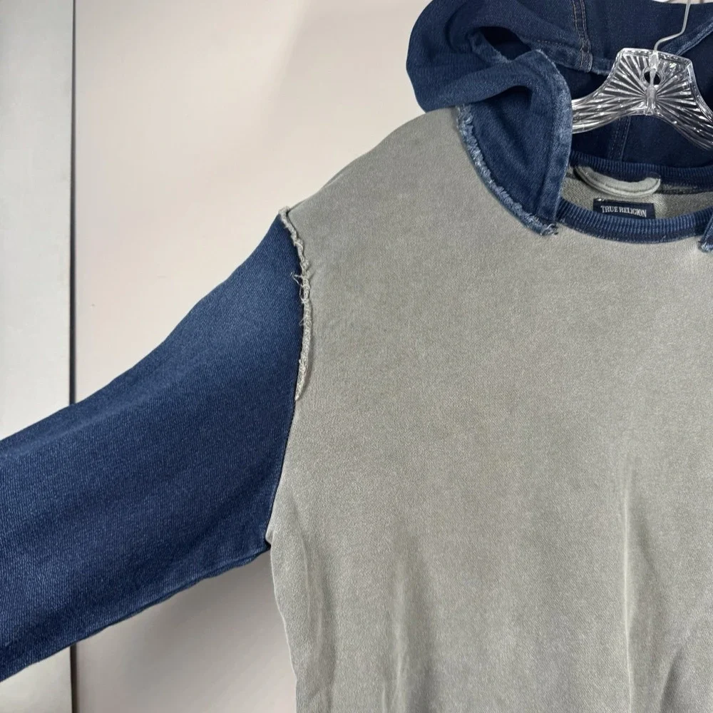 True Religion Mens Denim & Gray Pullover Kangaroo Pocket Hoodie Sz M Sweatshirt